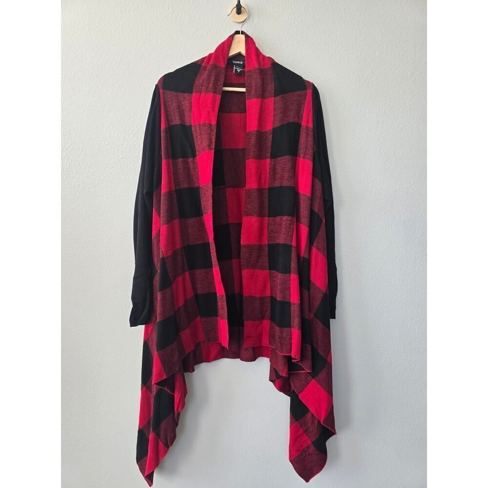 Torrid Red Black Buffalo Plaid Cardigan Size 2 Plus Open Front Knit Sweater